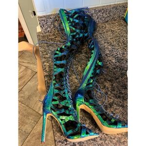 Stunning Metallic Teal Blue Lace Up Stiletto High Heel ThighHigh Gladiator Boots